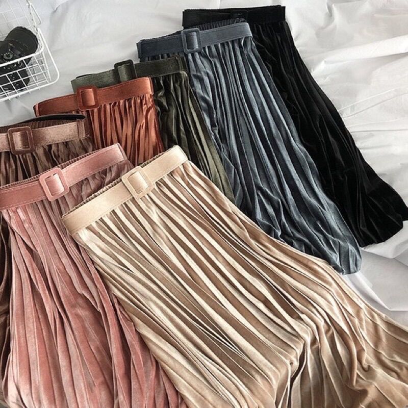 Chân váy nhung xếp ly kèm đai siêu xinh