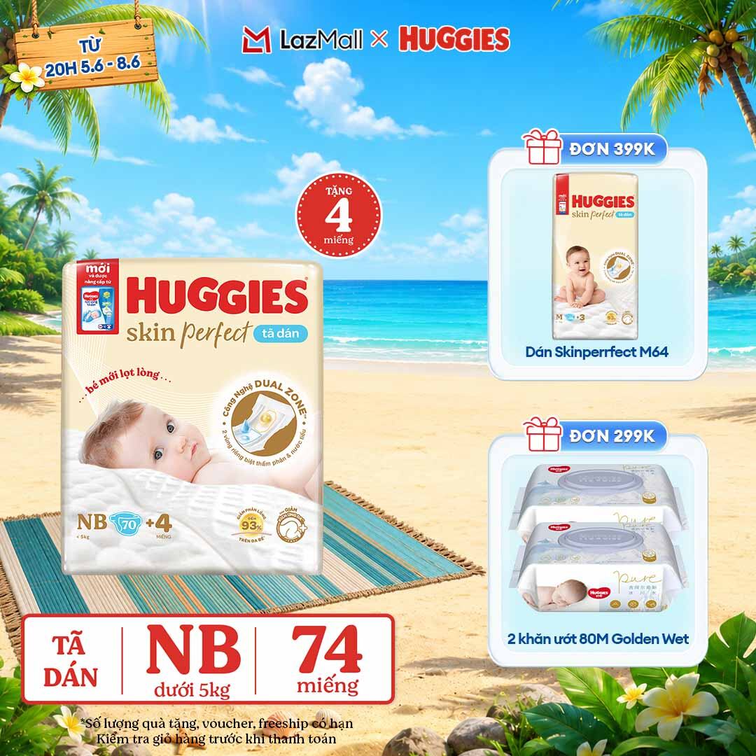 [CHỈ 9-10.6 QUÀ TẶNG ĐƠN 0Đ]  Tã/bỉm dán sơ sinh Huggies Skin Perfect NB70 với 2 vùng thấm giảm kích ứng da (tặng miếng thay đổi theo từng đợt)