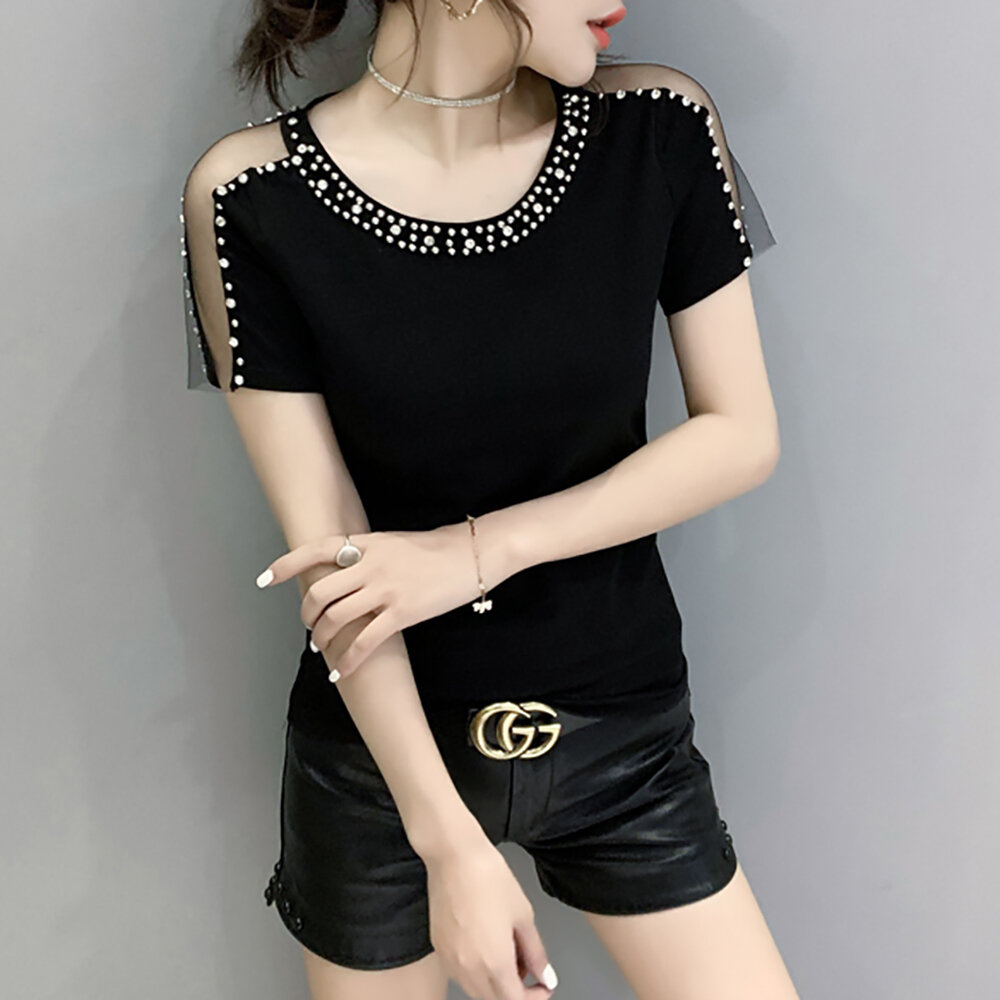 Summer 2024 Women's Slim Fit Short Sleeve T-Shirt Heavy Embellished Mesh Design Sensation Fashionable Top Korean Style round Neck