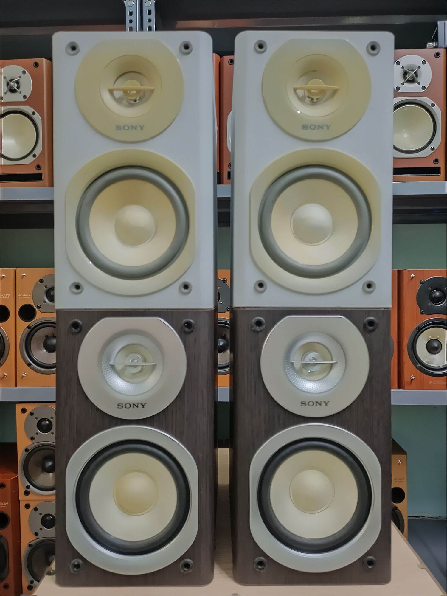 Đôi loa mini cao cấp Sony SS-CE300HD. Bass 10, màng giấy, gân vải, trest giấy. trở kháng 8om, công suất khoảng 80w/đôi. màu trắng+nâu vân gỗ.
