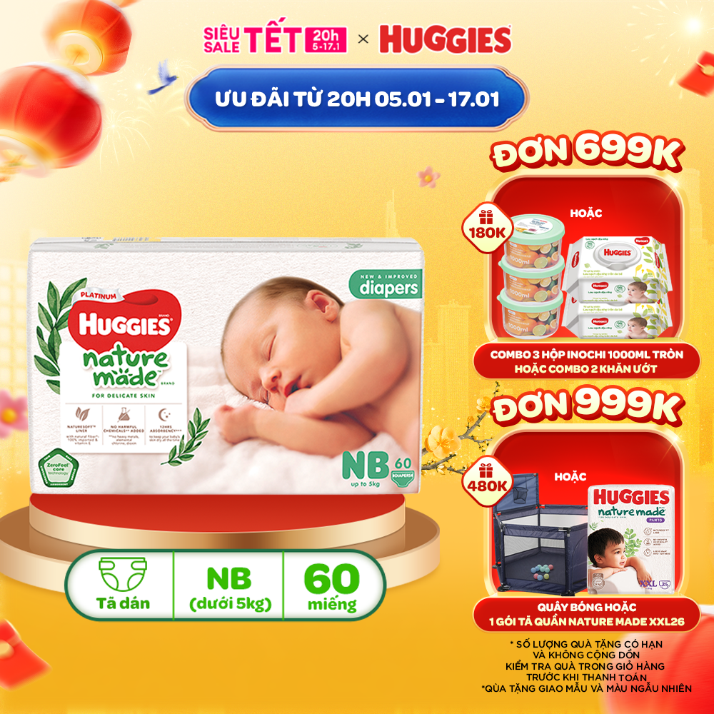 Tã/Bỉm dán sơ sinh Huggies Platinum NatureMade Super Jumbo NB60/S82