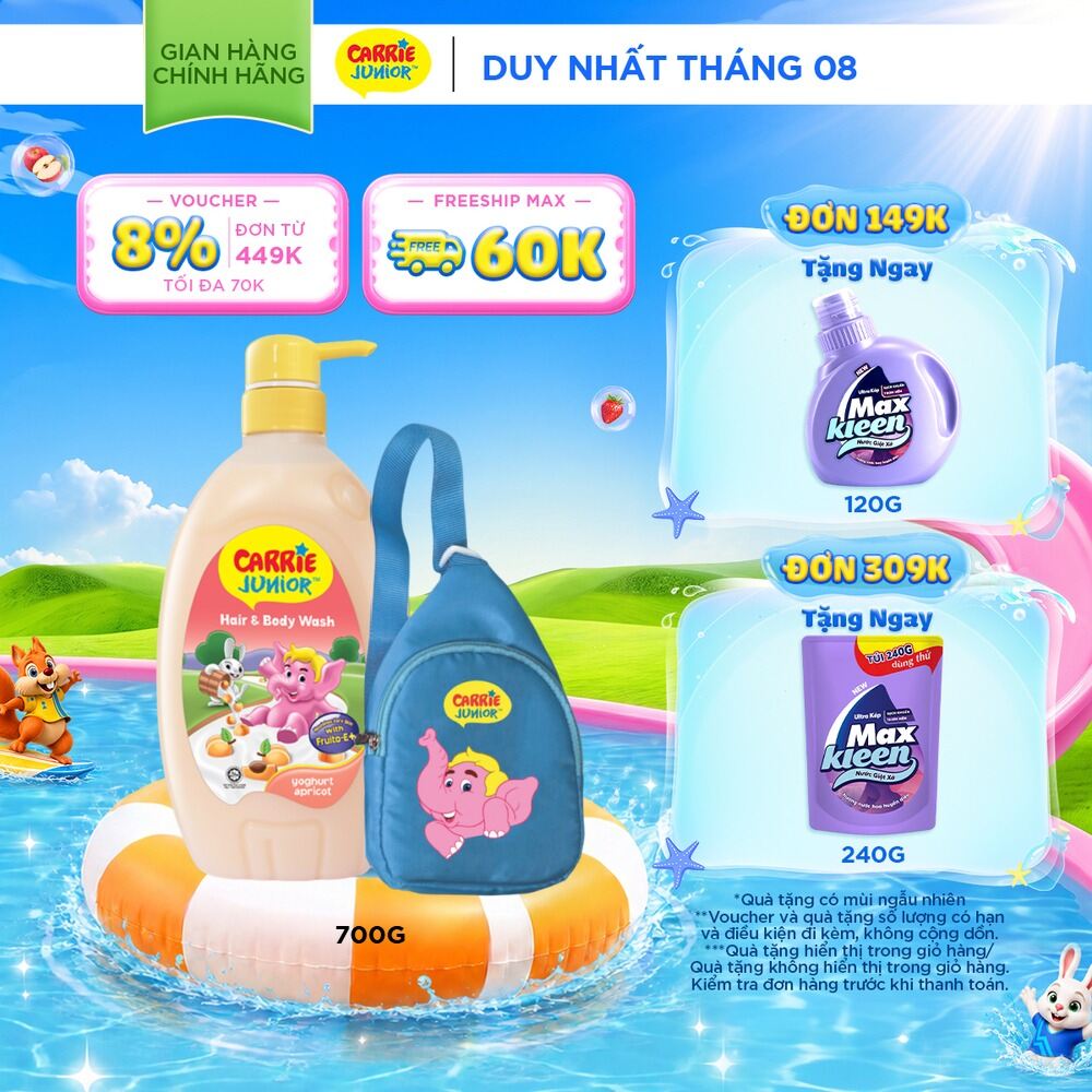 [Tặng Kèm Túi Đeo Chéo] Sữa Tắm Gội cho bé Carrie Junior Hương Grapeberry/Melon/Cherry/Mơ tây 700g