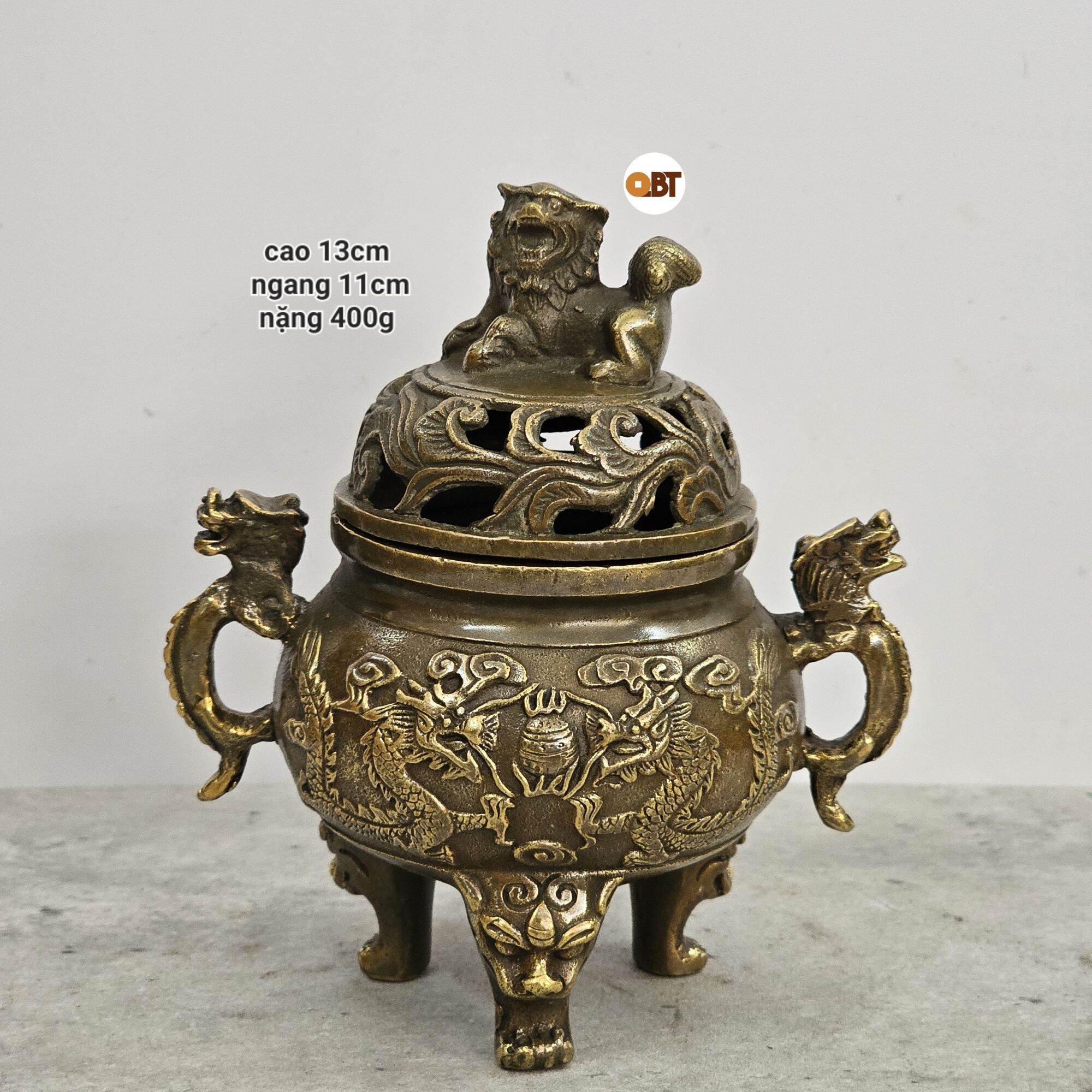 Xông trầm song long đối châu mini bằng đồng