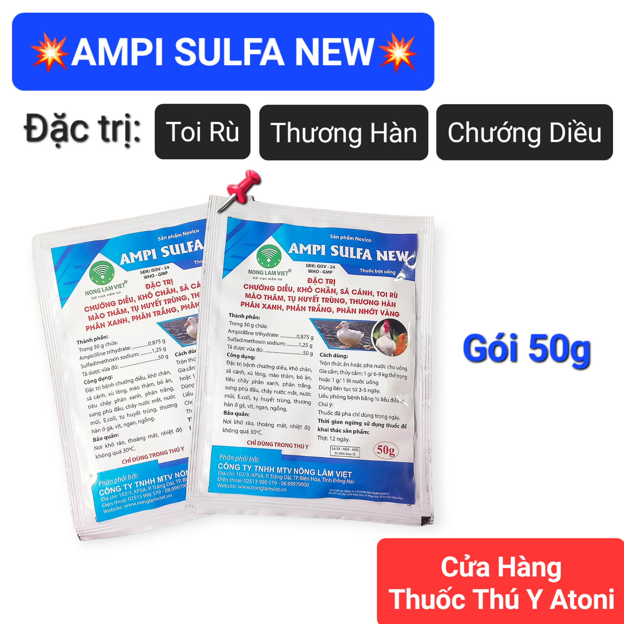 Gói 50g ampi sulfa new chướng diều, khô chân, toi rù cho gia cầm