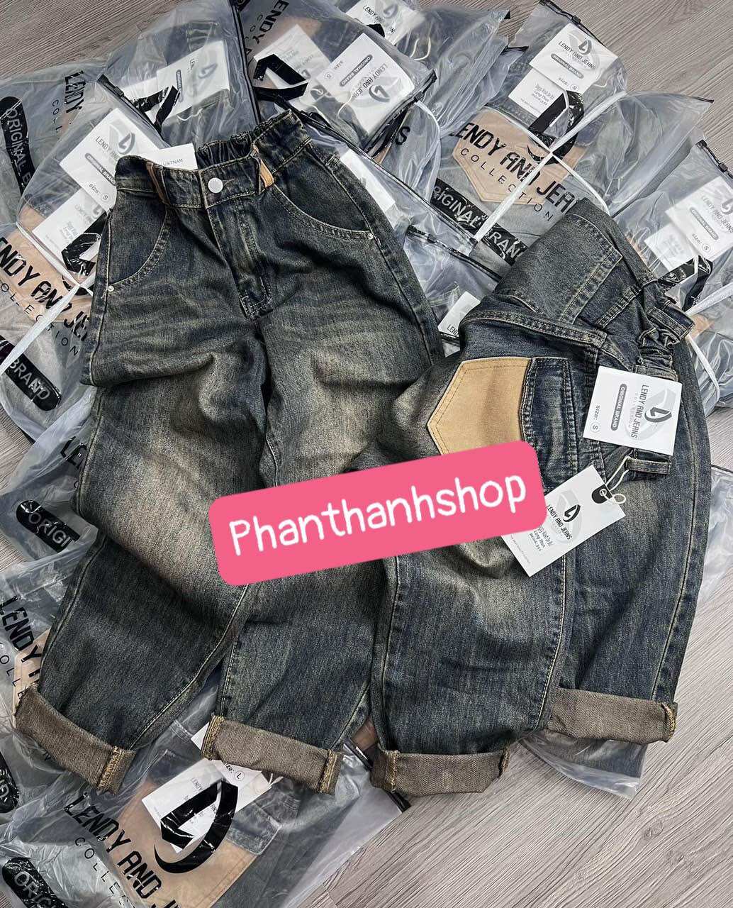 Quần baggy QC - jeans lưng chun tag hồng
