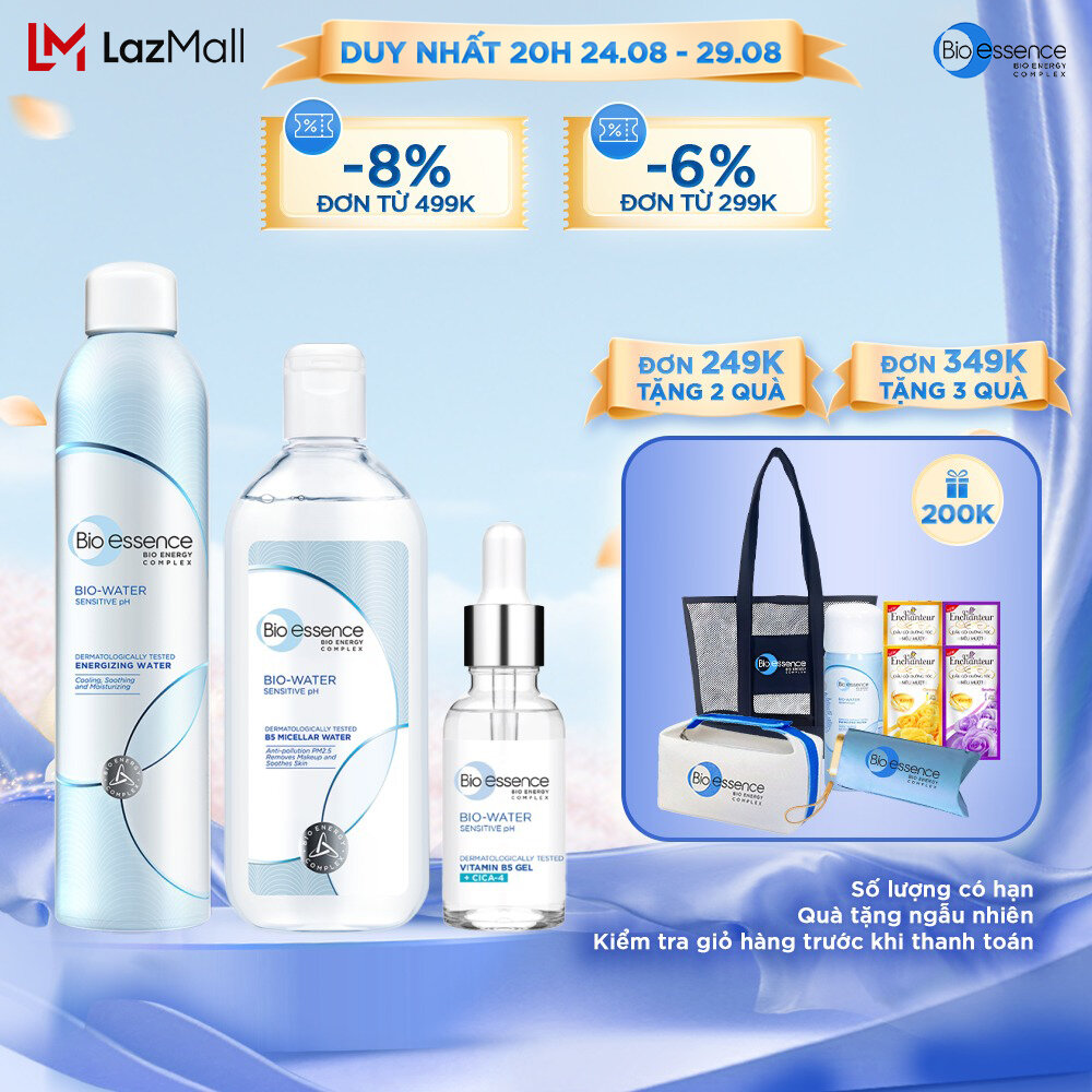 Bộ chăm sóc da Bio-essence ( Nước khoáng Bio-Water Energizing Water 300ml + Nước tẩy trang ẩm mượt Bio-Water Micellar Water 400ml + Tinh chất phục hồi và cấp ẩm Bio-Water Bio gel Vitamin B5 - 30ML
