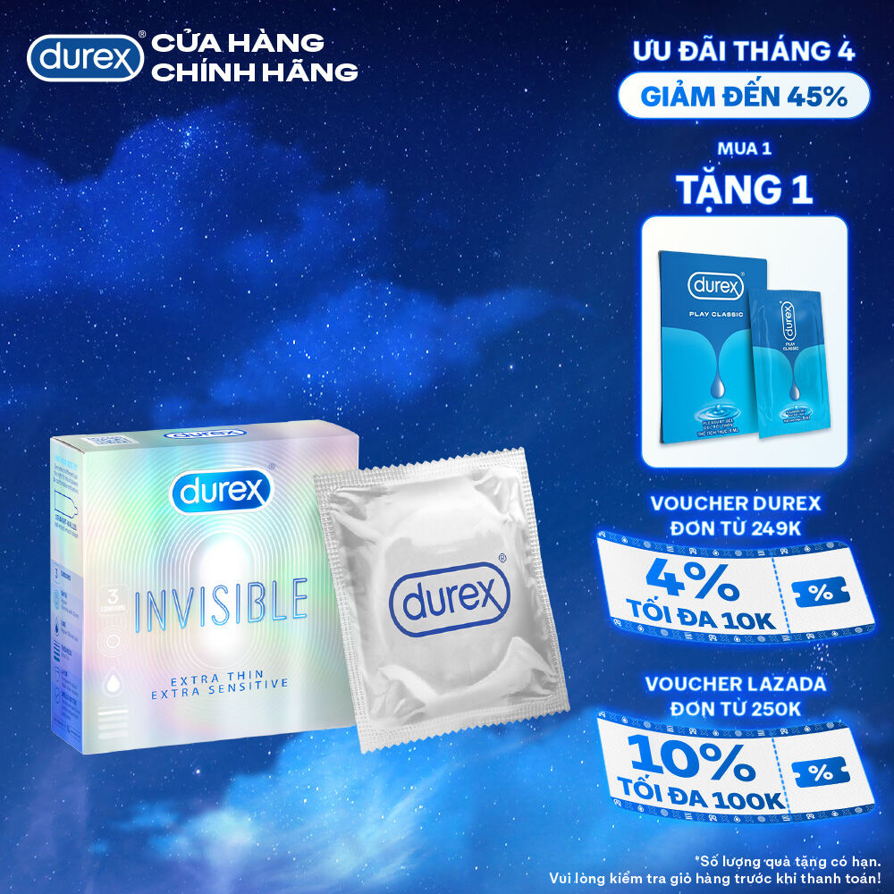 Bao cao su Durex Invisible siêu mỏng, size 52mm, hộp 3 bao