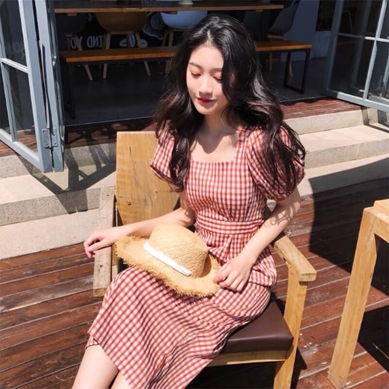 Đầm caro đỏ dáng dài dịu dàng CR99