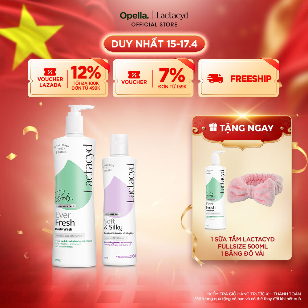 Bộ 1 Sữa tắm Lactacyd Ever Fresh mang lại làn da thơm mát và tràn đầy sức sống đến 24 giờ + 1 DDVS Phụ nữ Lactacyd Soft  Silky Dưỡng Ẩm 250ml Women Cấp Ẩm