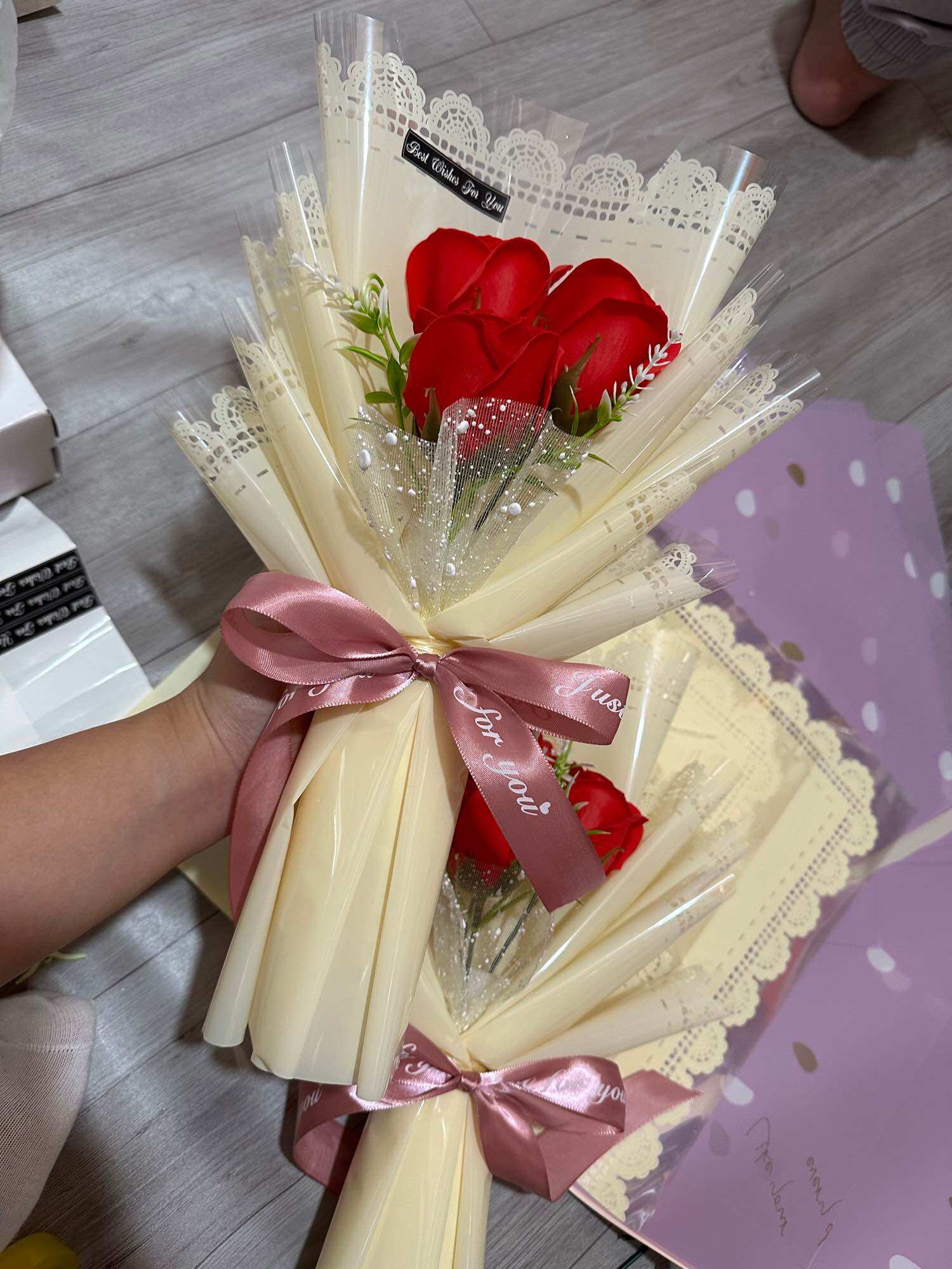 [Hcm]Wax Roses, Bouquet of 3 Flowers (with Bag + Card)