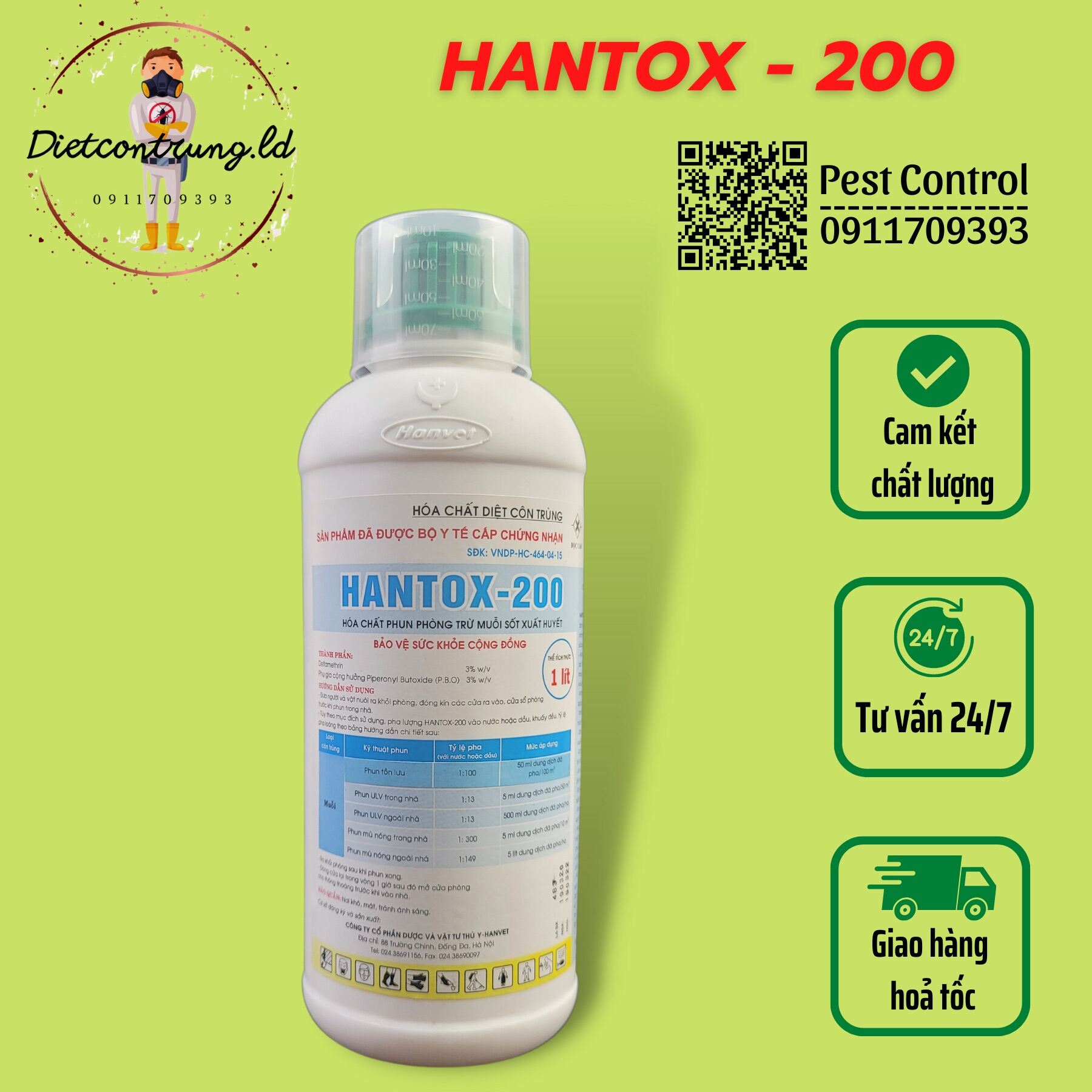 Hantox-200 nắp xanh chai 1L diệt bọ chó mèo muỗi gián kiến