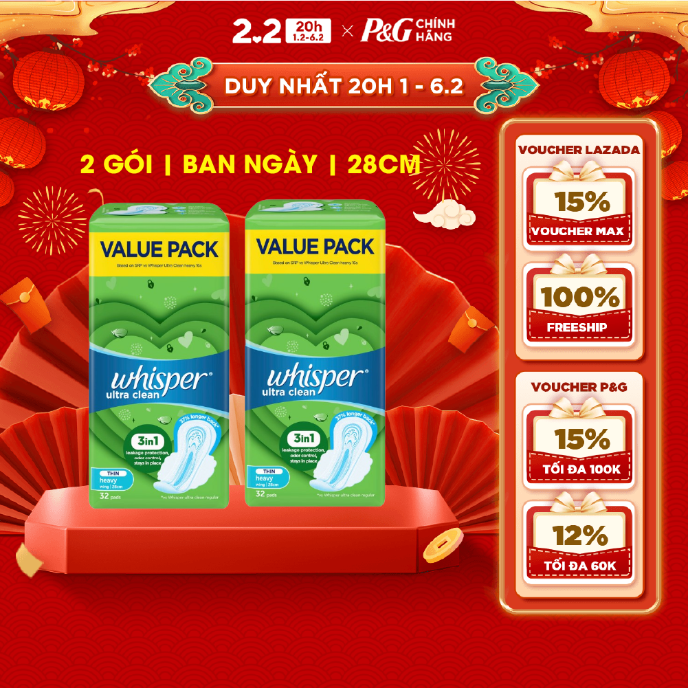 Combo 2 Băng Vệ Sinh WHISPER Ultra Clean Khô Thoáng Siêu Mỏng Cho Ngày Nhiều Có Cánh 28cm 32 Miếng