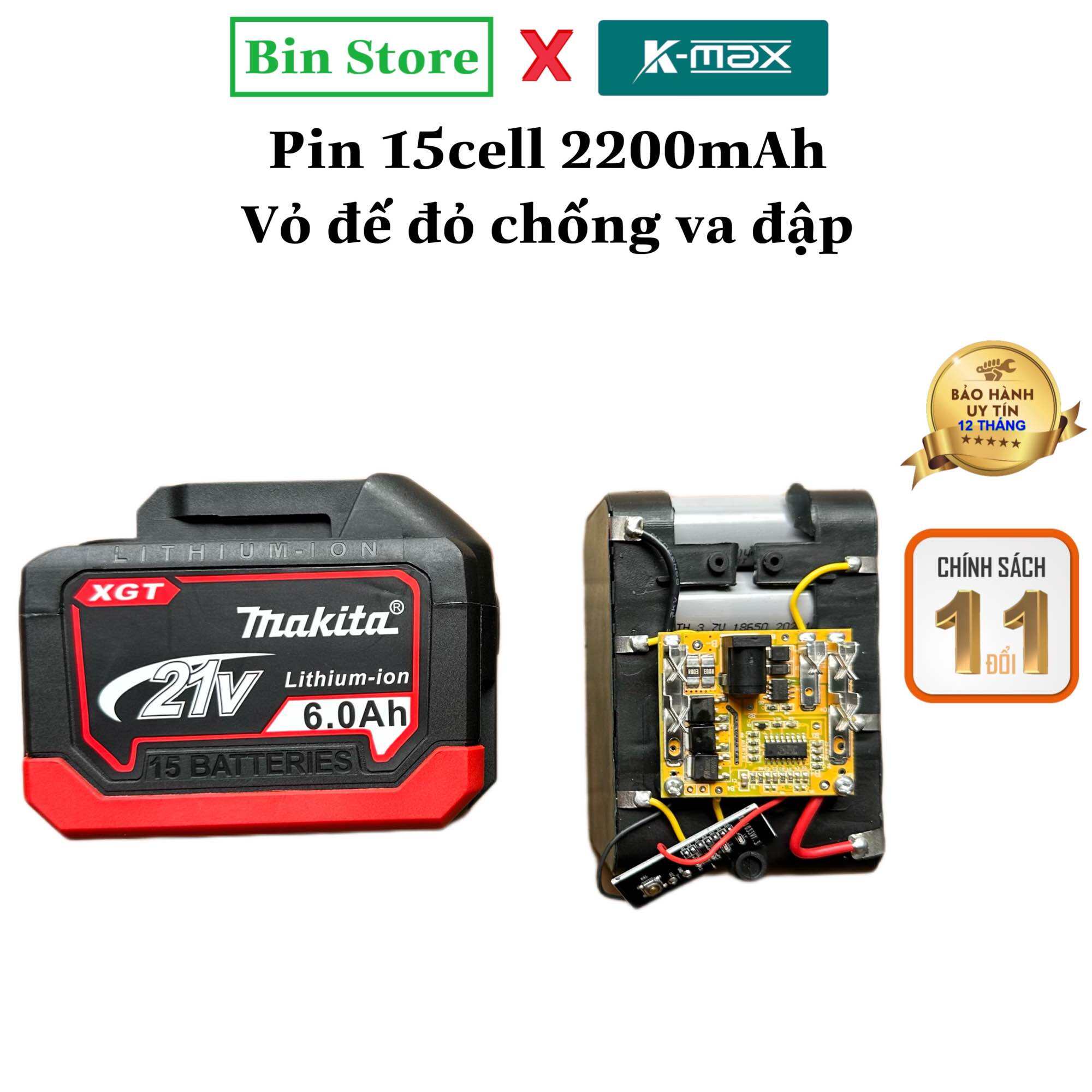 Pin đóng sẵn 15 cell chân phổ thông 4cm có đèn báo pin dùng cho máy siết bulong máy khoan pin má