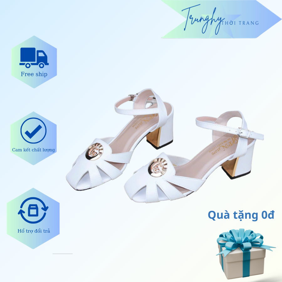 Giày cao gót đế vuông 7 phân, sandal cao gót bít mũi chất da si mờ đi êm chân
