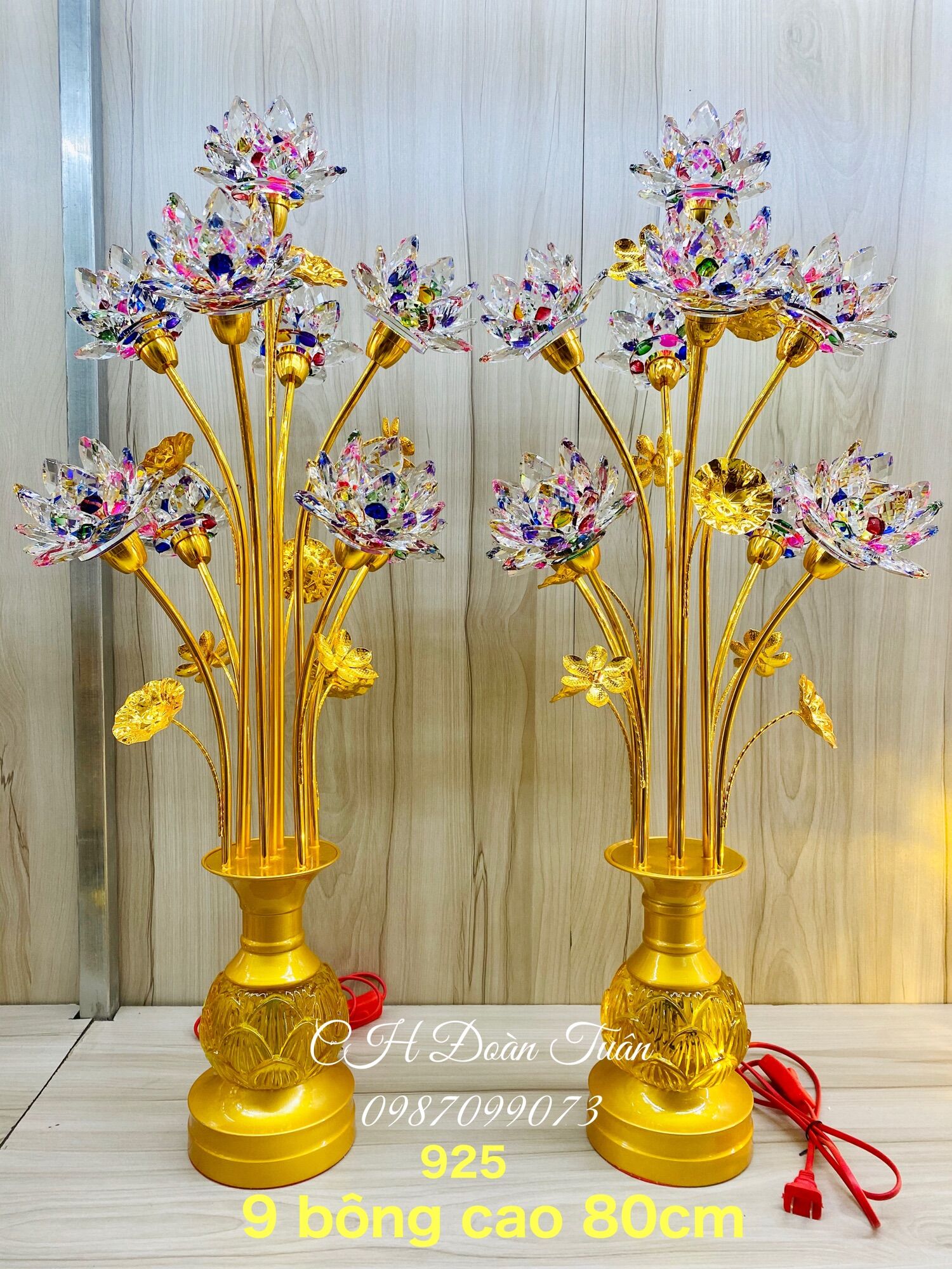 Cặp đèn bình bông hoa sen pha lê cao cấp - 13 bông pha lê cao cấp