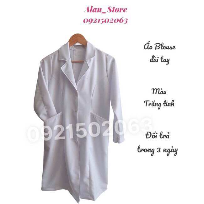 Áo blu bác sĩ màu trắng nữ tay dài cotton lạnh cao cấp