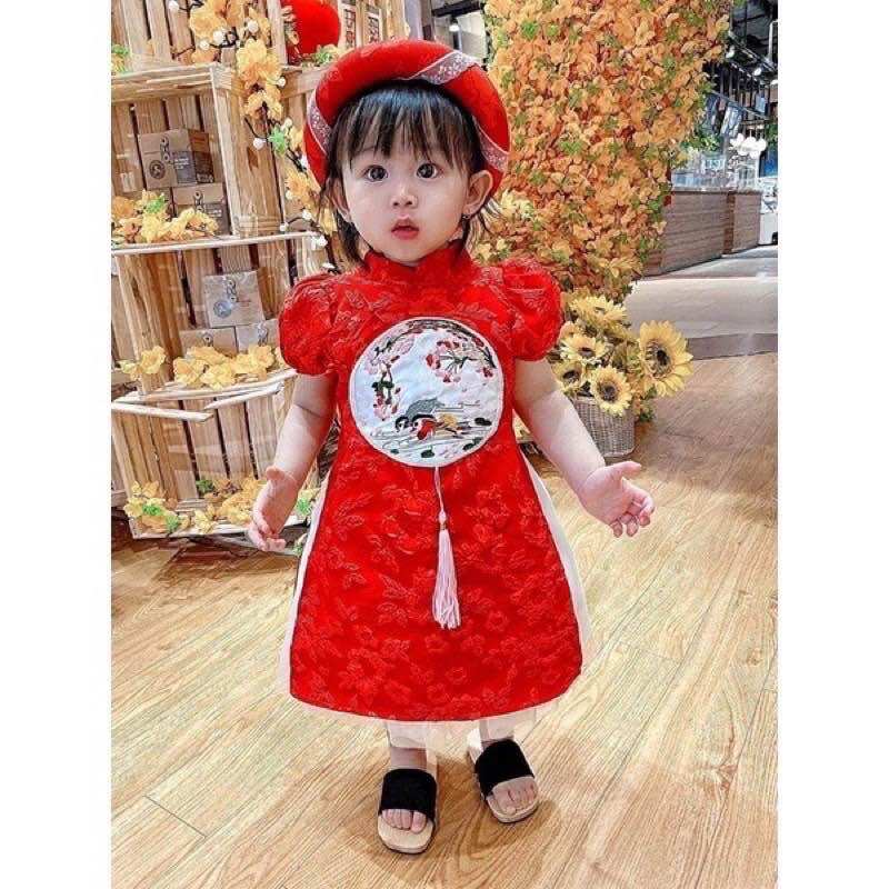 Áo Dài Gấm Kèm Mấn 2 Màu Bé Gái