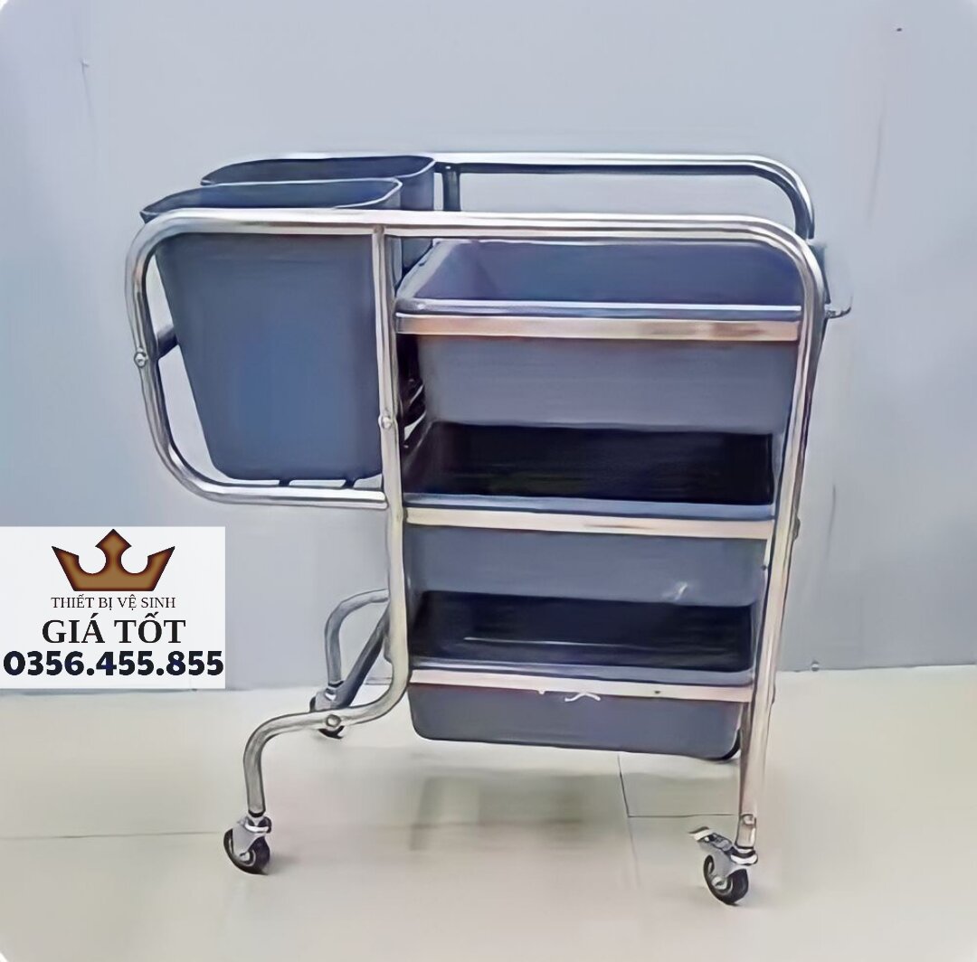Xe đẩy thu dọn thức ăn,chén dĩa inox chân cong