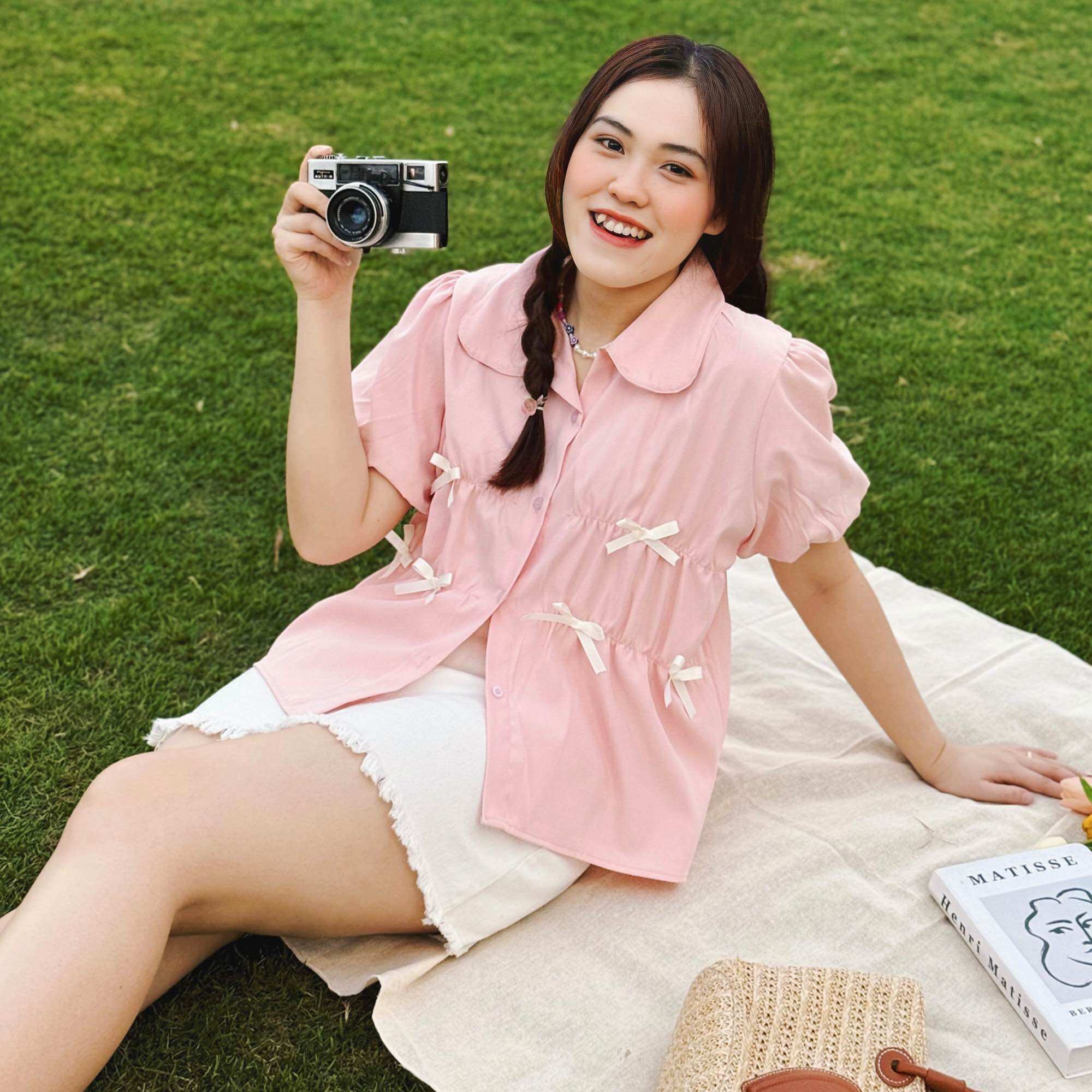 Ootd bigsize | áo kiểu bigsize nữ cổ sen đính nơ tay bồng