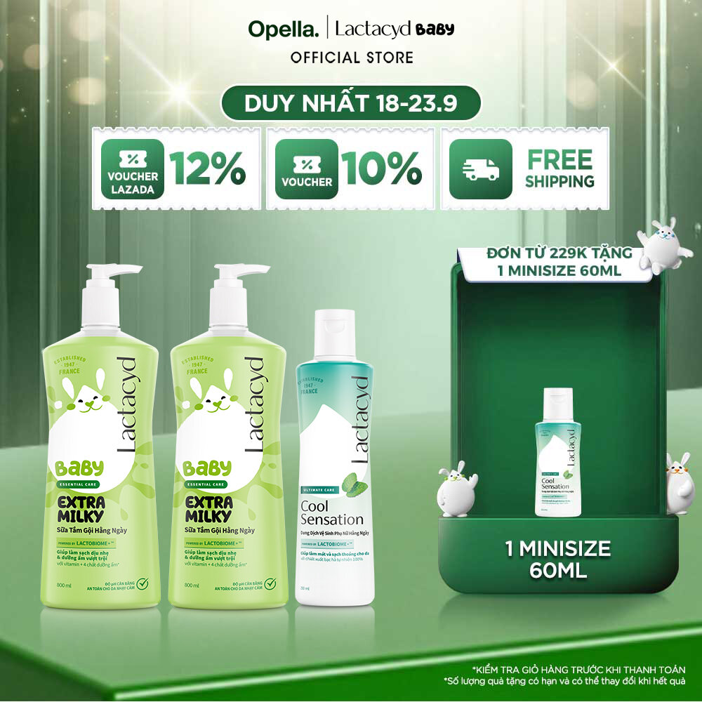 Bộ 2 Chai Sữa Tắm Gội Trẻ Em Lactacyd Baby Extra Milky Làm Sạch Dịu Nhẹ và Dưỡng Ẩm Vượt Trội Size Jumbo 800ml + Chai Dung Dịch Vệ Sinh Phụ Nữ Lactacyd Cool Sensation Mát Lạnh  Sạch Thoáng Dài Lâu 250ml