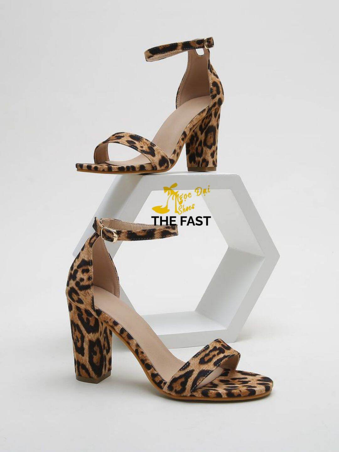 Giày sandal cao goat thô quai bản ngang da báo nâu NĐ45