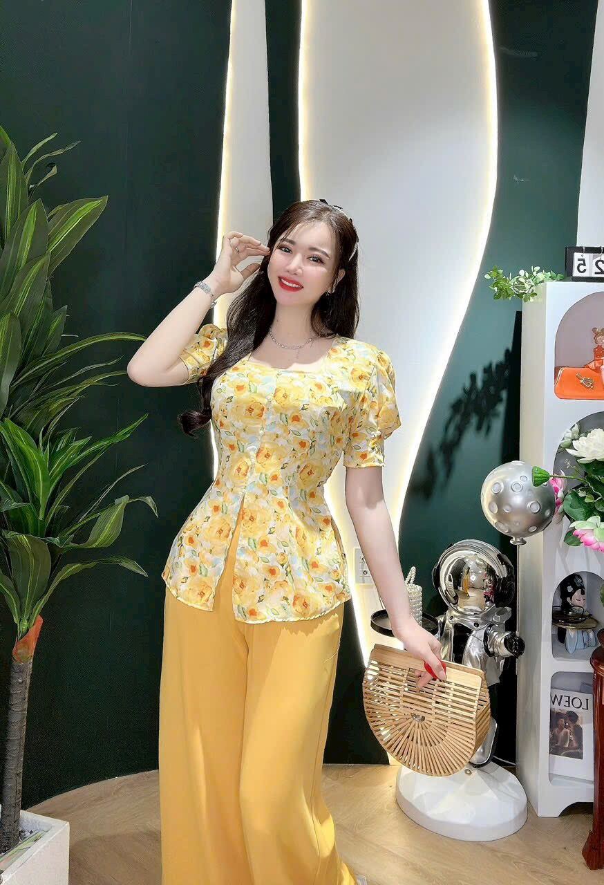 bộ bà ba kiểu cổ vuông tay búp lụa