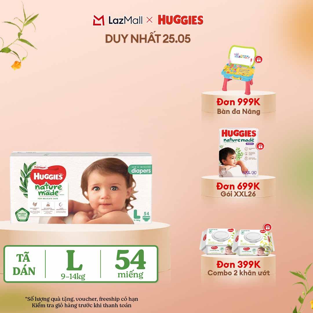 [CHỈ 25-29.05 QUÀ TẶNG ĐƠN 399K](Mua 1 tặng 1) Tã/Bỉm dán HUGGIES PLATINUM NatureMade L54 (9-14kg)-Gói Jumbo 54 miếng