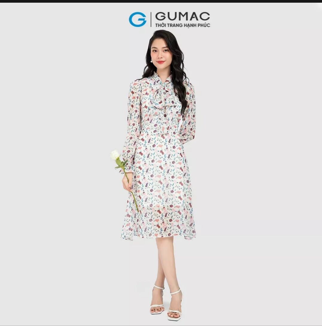 Đầm A xòe nhẹ Gumac, cổ thắt nơ - size M