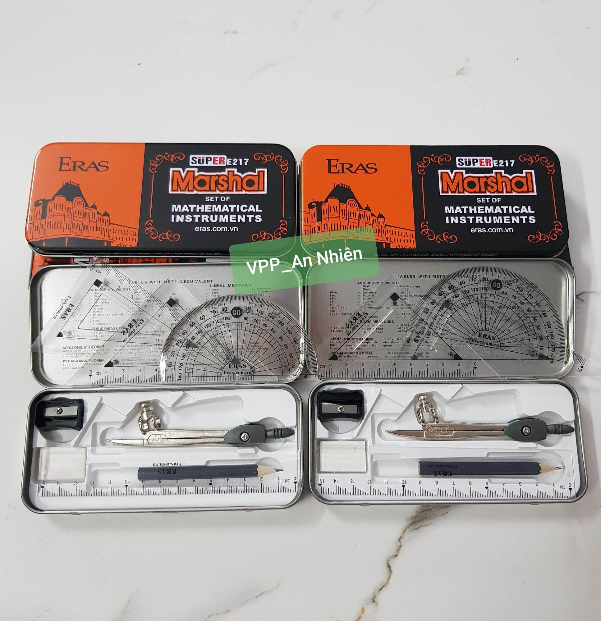 Bộ Compa Eke Thước kẻ Eras hộp sắt - Bộ thước 8 món cao cấp