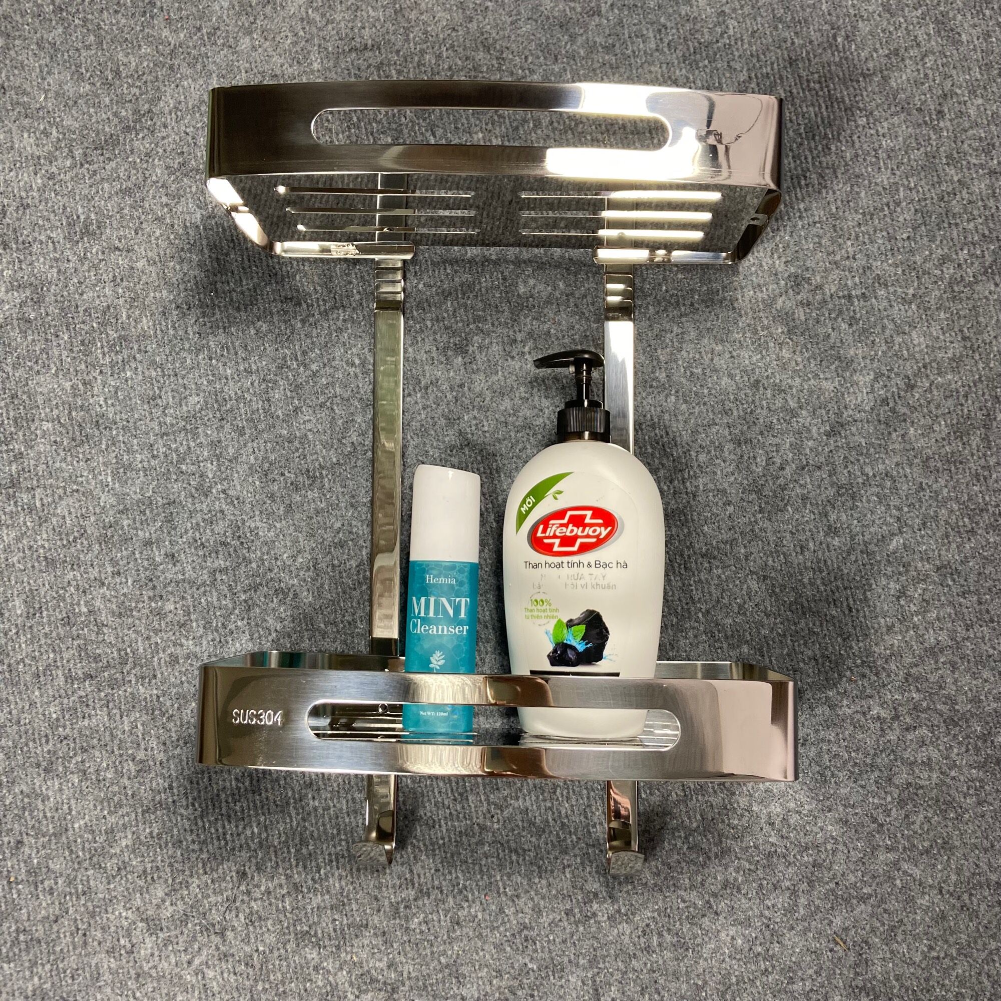 Kệ phòng tắm LOẠI 1 SÁNG BÓNG- kệ inox 304 để sữa tắm, dầu gội đầu 2 tầng có móc treo