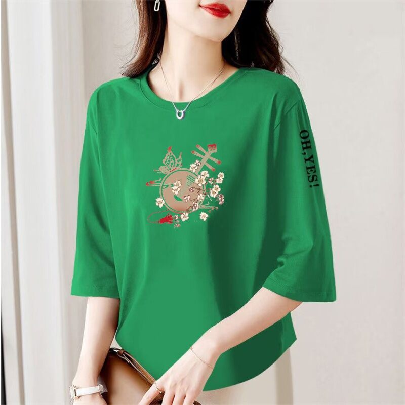 Áo Thun Tay Lửng in Họa Tiết Phong Cách Trung Hoa Rộng Rãi Cho Phụ Nữ Trung Niên Và Cao Tuổi Mùa Hè Thường Ngày