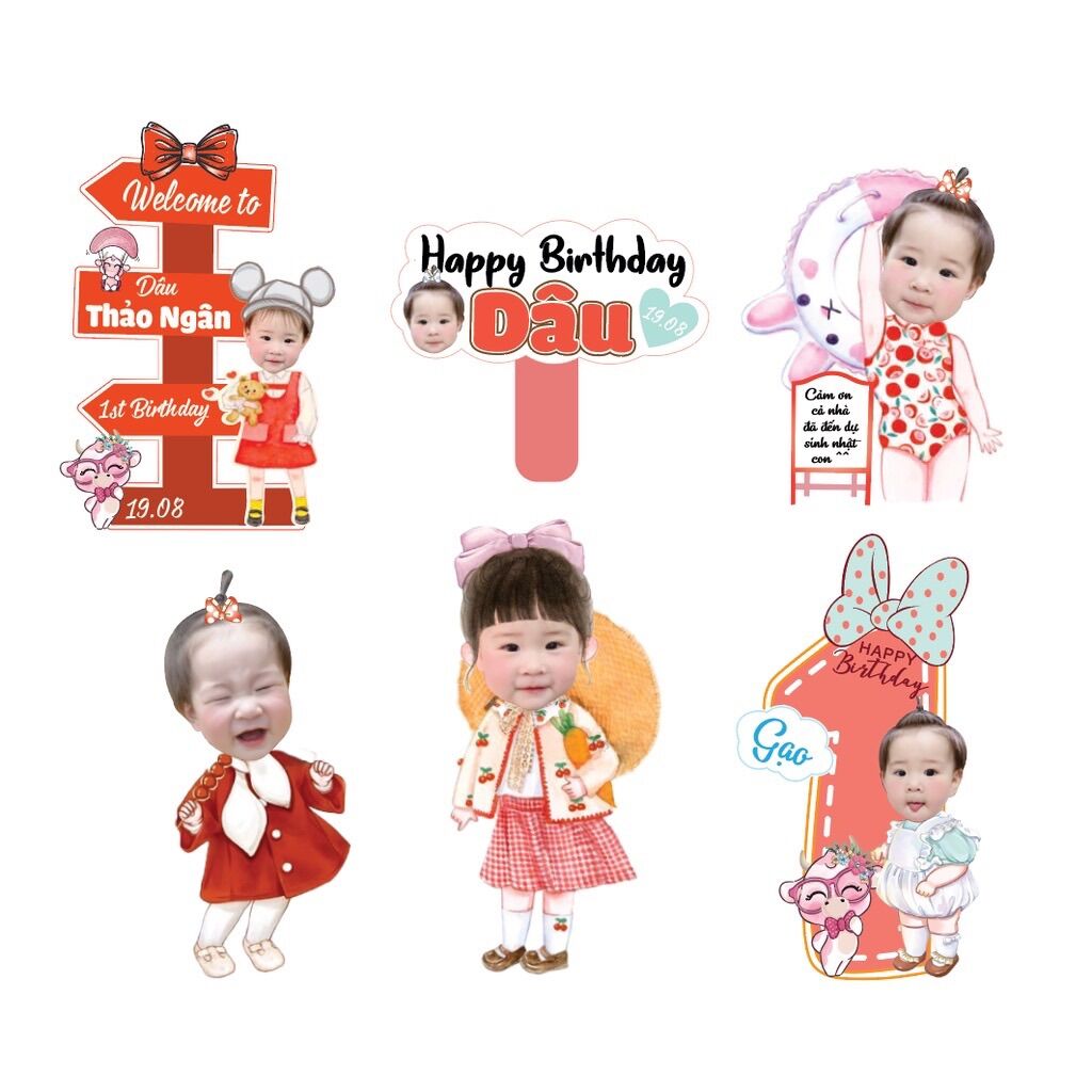 Combo chibi bé gái tone Vàng cam và Đỏ trendy
