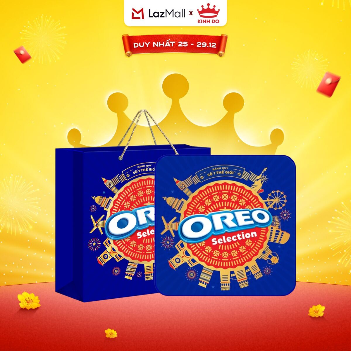   CÓ TÚI GIẤY  Hộp quà Tết bánh quy OREO Thập Cẩm Hộp Thiếc 393.75g 