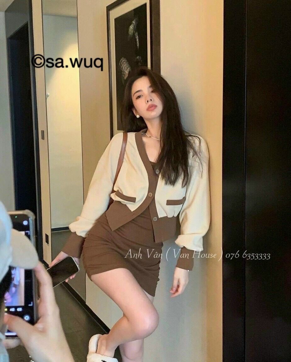 Set 2 Món Đầm Gân Kèm Cardigan Phối Viền