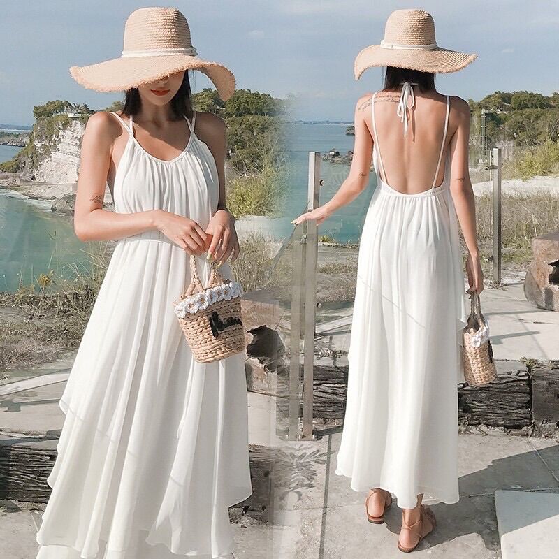Đầm maxi trắng xoè đi biển cực sang chuẩn quảng châu