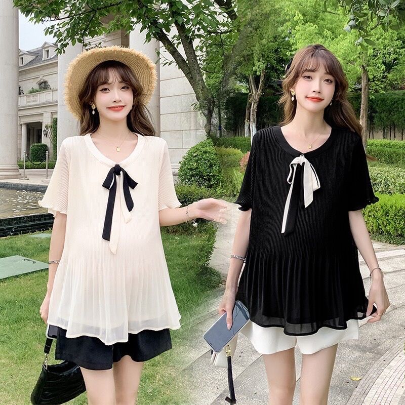 Áo bầu ly 2 lớp mềm mịn tay ngắn cổ Tròn mix nơ cực xinh