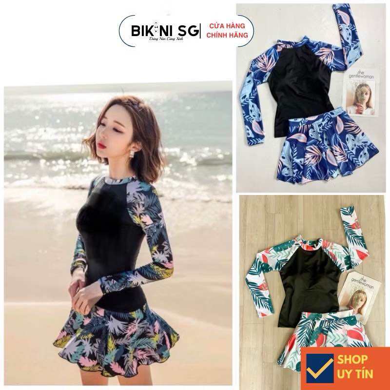[Size L, XL, XXL] Đồ bơi nữ kín đáo tay dài chống nắng phối váy xoè hoạ tiết hoa in cao cấp Áo tắm B