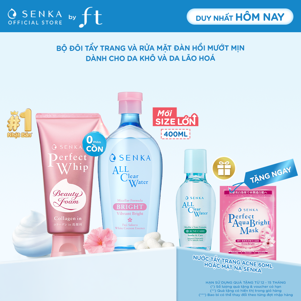 Bộ đôi Nước tẩy trang micellar dưỡng sáng cấp ẩm SENKA A.L.L. CLEAR WATER MICELLAR FORMULA BRIGHT N 400ML  Sữa rửa mặt đàn hồi mướt mịn SENKA PERFECT WHIP COLLAGEN IN 120G