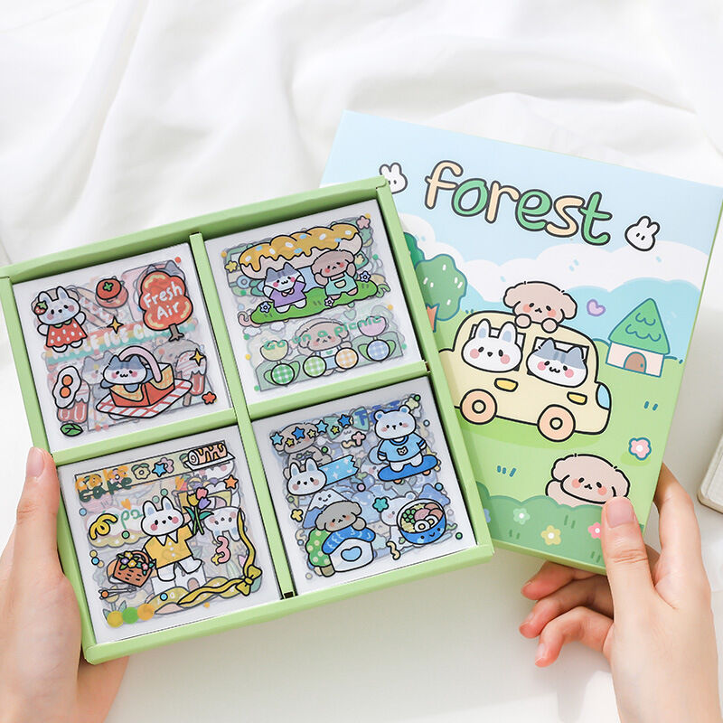 Hộp 100 tấm sticker hoạt hình nhựa PVC trong suốt Forest