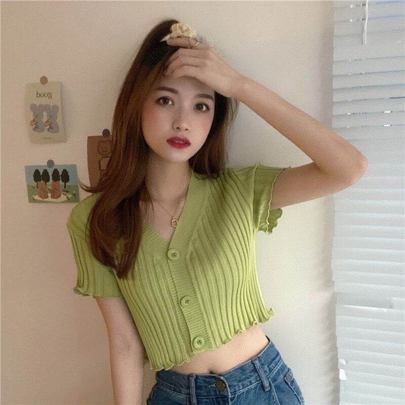 Áo kiểu thun gân gài nút tay ngắn