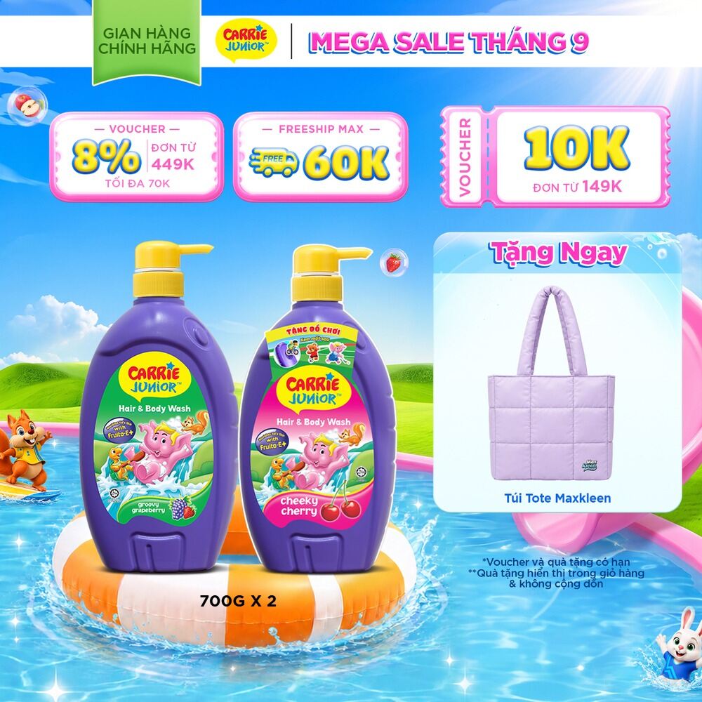 Combo 2 Sữa Tắm Gội cho bé Carrie Junior chiết xuất trái cây thiên nhiên (700g/chai): 1 Hương Grapeberry + 1 Hương Cherry
