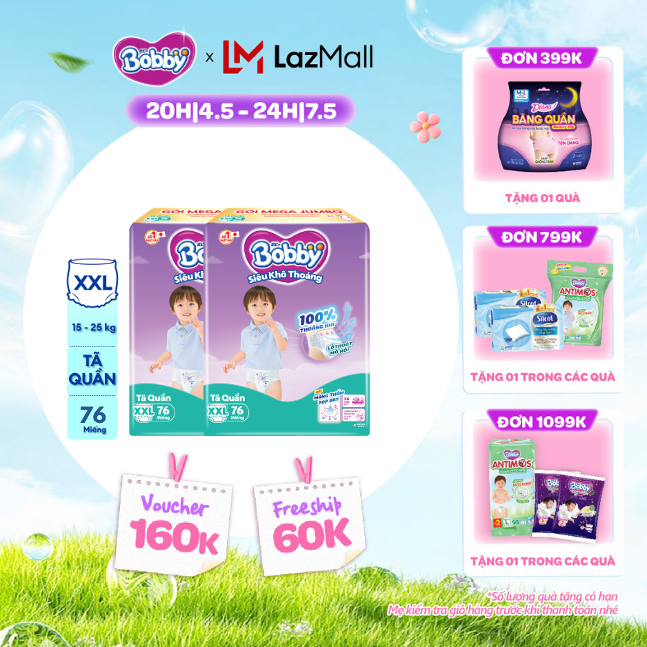 [CHỈ 20h 04-07.05 QT Đơn 899K/1199K] Combo 2 Tã/bỉm quần Bobby 3mm Mega Jumbo Gạo non Giảm nhiệt XXL76 [Bao bì thay đổi theo từng đợt nhập hàng]