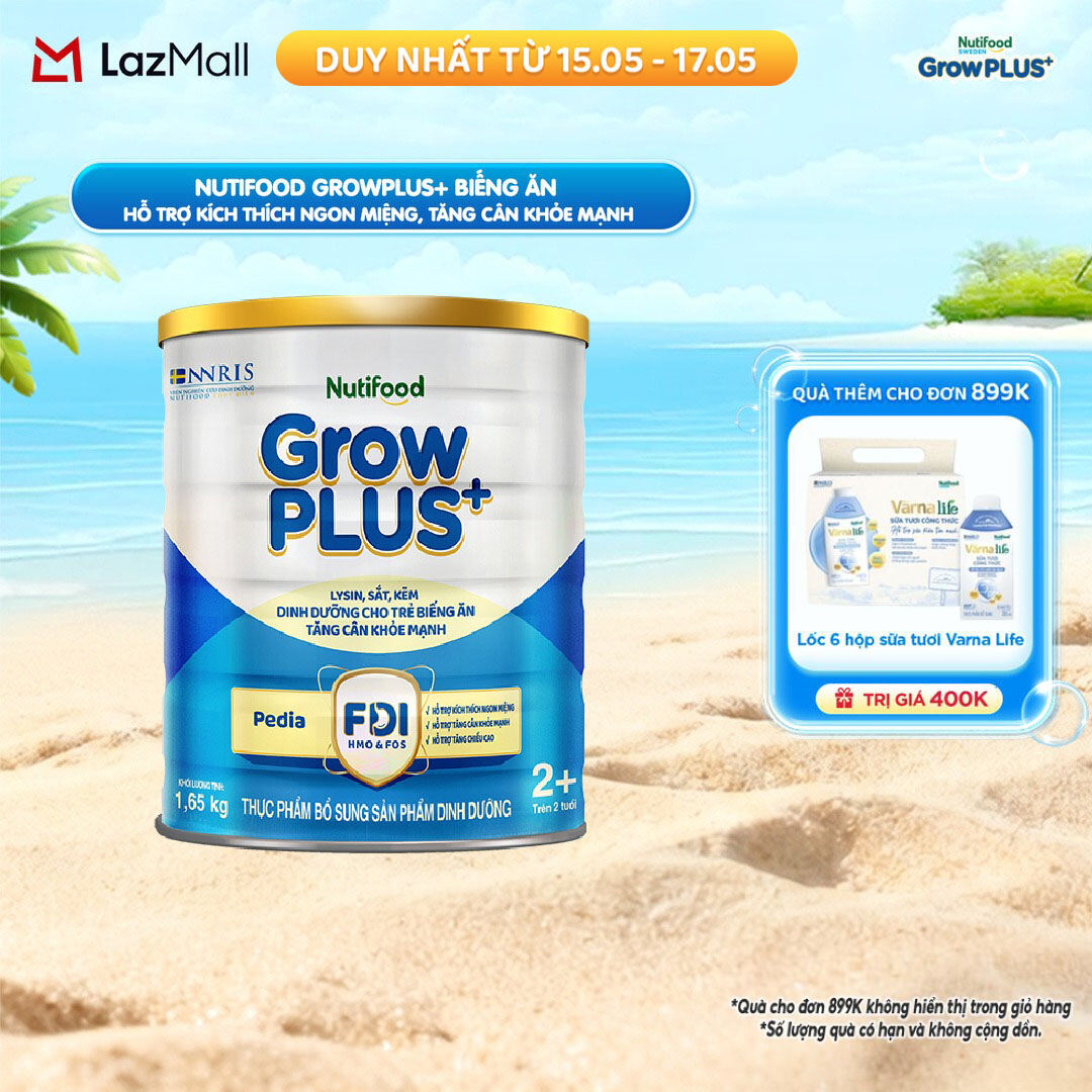 Sữa Bột Nutifood GrowPLUS+ Biếng Ăn (Xanh) 2+ - Hỗ Trợ Kích Thích Ngon Miệng, Tăng Cân Khỏe Mạnh (Lon 1,65 Kg)