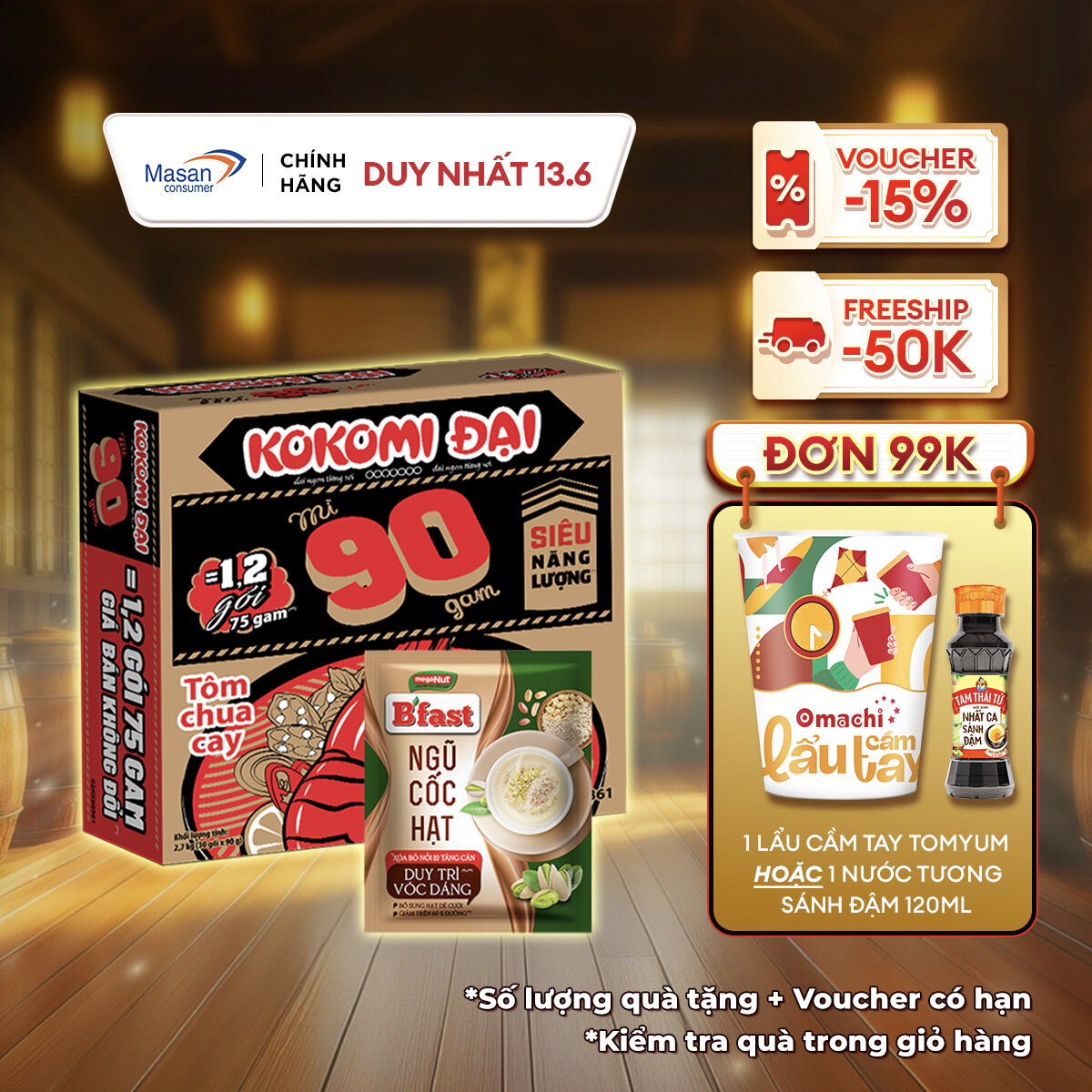 [13.6 Voucher 18% CHO ĐƠN TỪ 199k]Combo 1 thùng Mì KOKOMI Đại 90 Tôm Chua Cay Gói 90g - Thùng 30 Gói x 90g và 1 Ngũ Cốc Hạt B'Fast - Túi 14 Gói X 22G