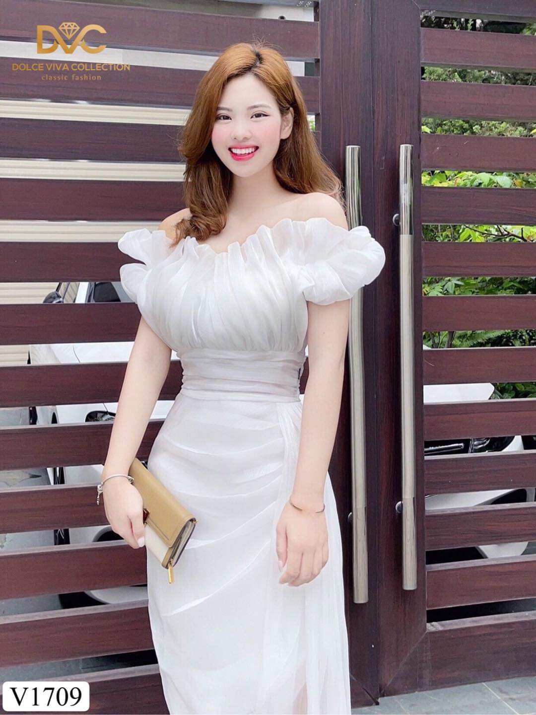 V1709 Váy trắng trần vai