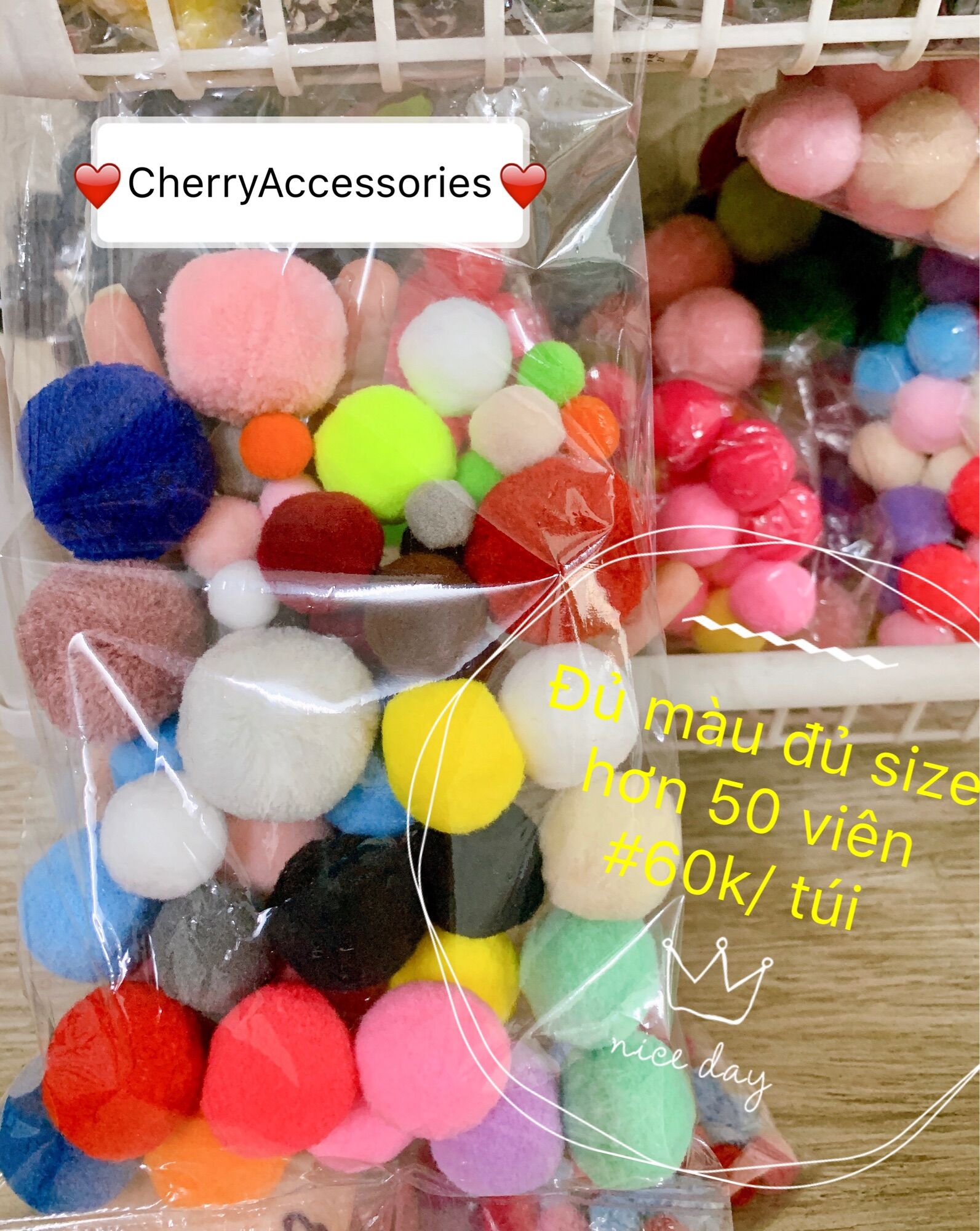 Combo cục bông pompom đủ màu đủ size