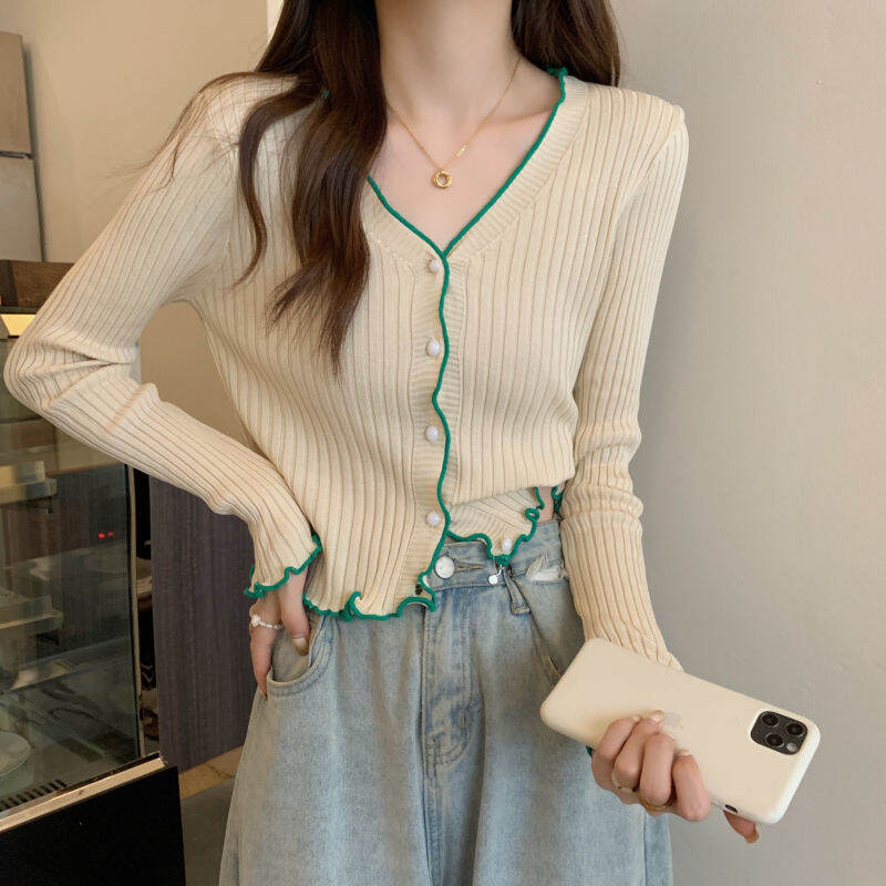 Áo Len Cardigan Dệt Kim Dài Tay Cổ Chữ V Ôm Vừa Vặn Mỏng Mùa Thu Cho Nữ Áo Khoác Ngoài Áo Sơ Mi Cơ B
