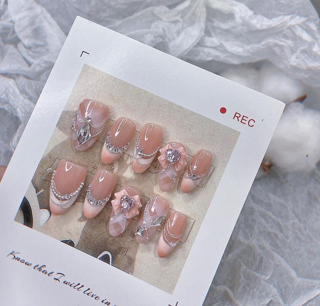 Nail cô dâu, nailbox thiết kế màu thạch cam - mã 214
