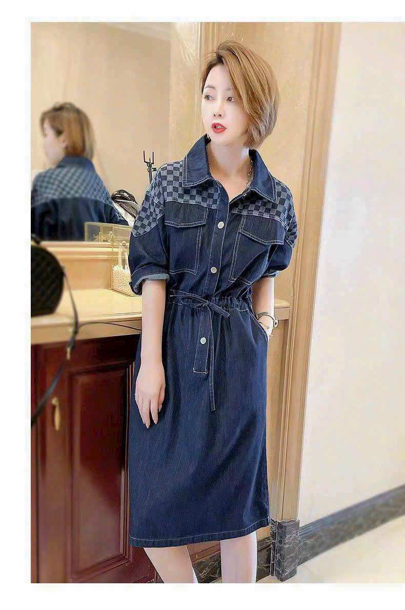 [HCM]ĐẦM JEAN XÒE PHỐI CARO CỔ SƠ MI EO DÂY RÚT