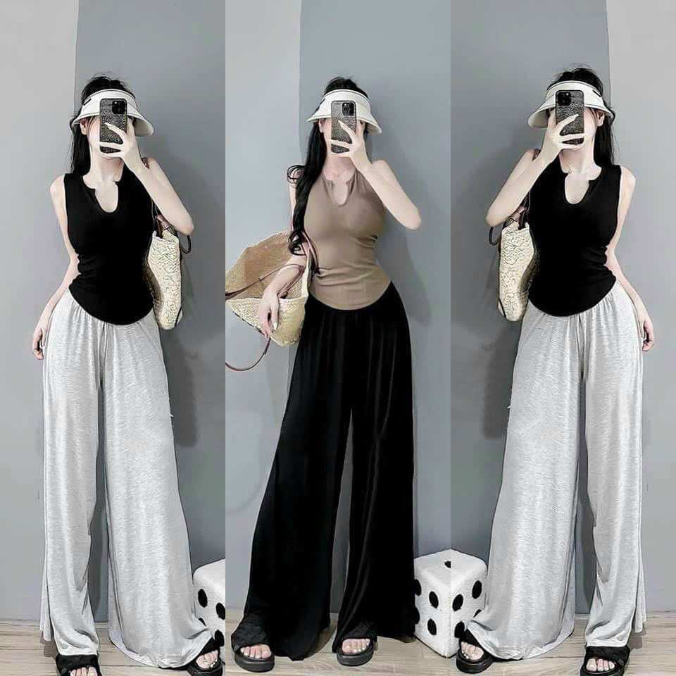 Set áo sát nách kèm quần suông thun dẻo đẹp - Bộ 2 món áo ba lỗ sát nách quần suông trơn